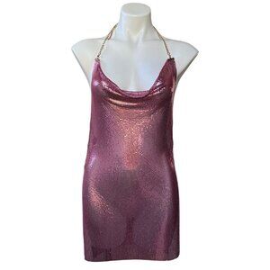 Pink Chainmail Mini Dress W/ Detachable Gold Chain Neck Strap & Draped Back OS
